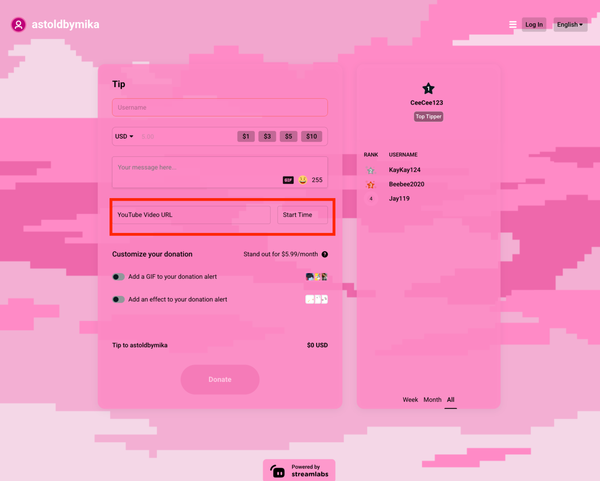 streamlabs media share widget area on tip page